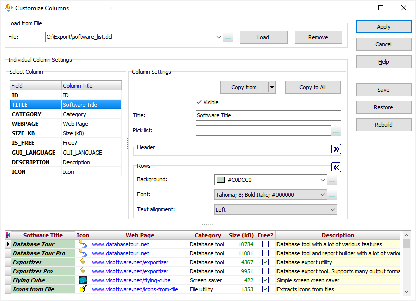 Customizing data grid columns in Exportizer Pro