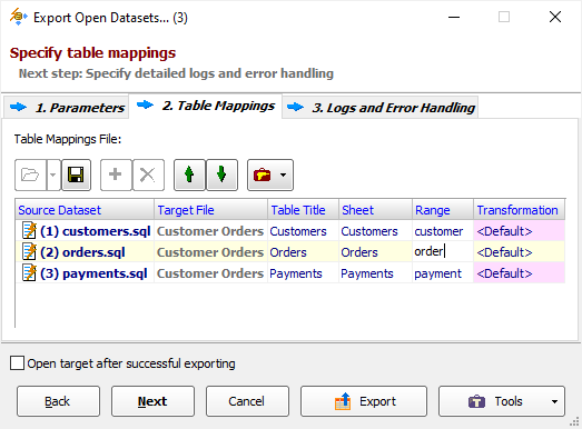 Specifying Table Mappings when Exporting Datasets to Excel