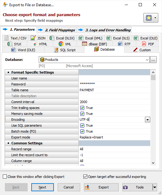 Exporting Data to Access Database Using Grid Interface