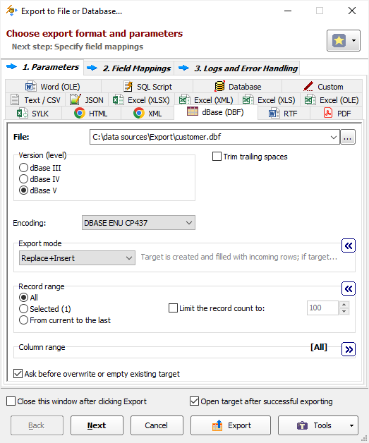 Exporting Data to dBase