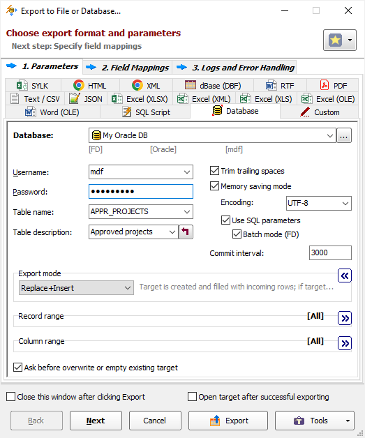 Exporting Data to Oracle Database