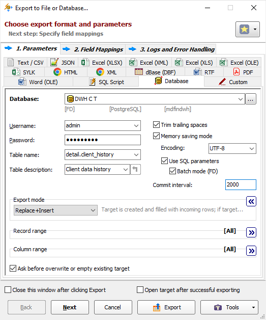 Exporting Data to PostgreSQL