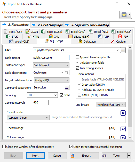 Exporting Data to SQL Script