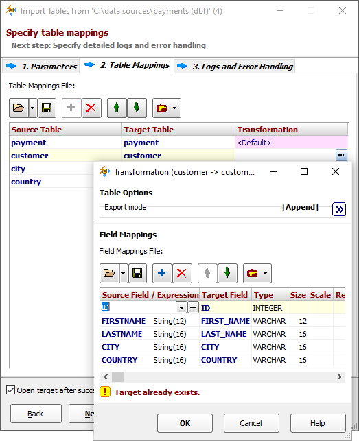 dBase to SQLite Table Mappings