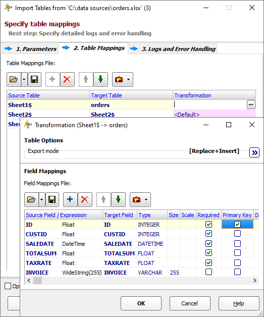 Excel to SQLite Table and Field Mappings