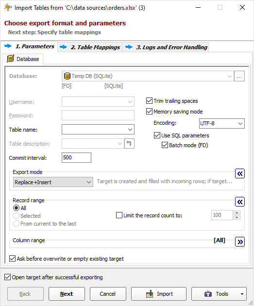 Import Excel to SQLite Options