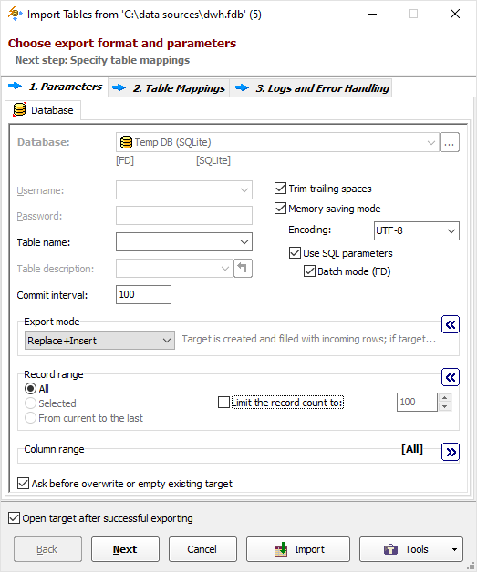 Import Firebird to SQLite Options