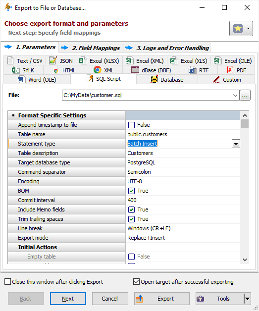 Exporting Data to SQL Script Using Grid Interface